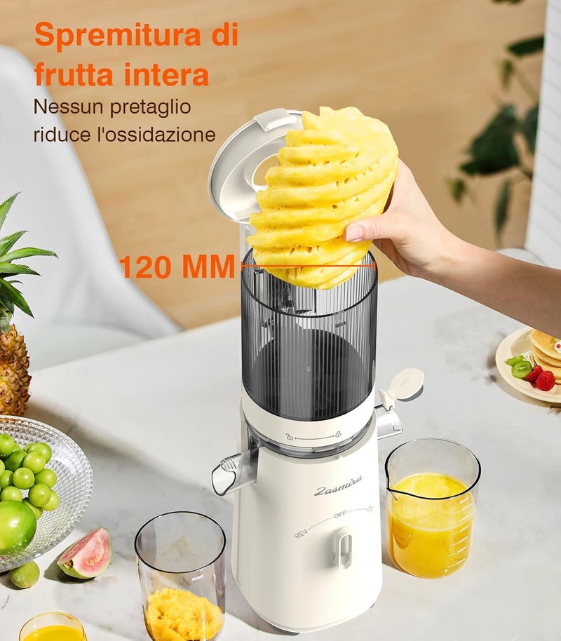Zasmira Cold Press Juicer, Juicer Machines with Large Feeding Chute, Powerful Slow Juicer with Pulp Seperation, 99.6% Juice Purity, Easy to Clean, White - Image 2